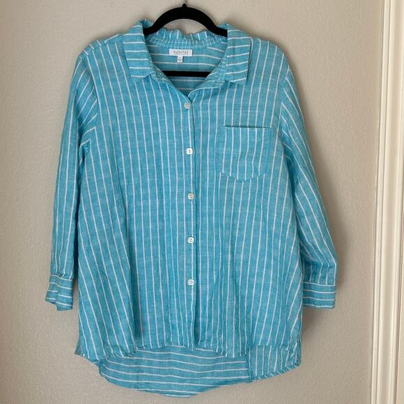 Habitat Clothes to Live in Linen Aqua Striped Oversized Lagenlook Shirt, Large - Picture 1 of 8